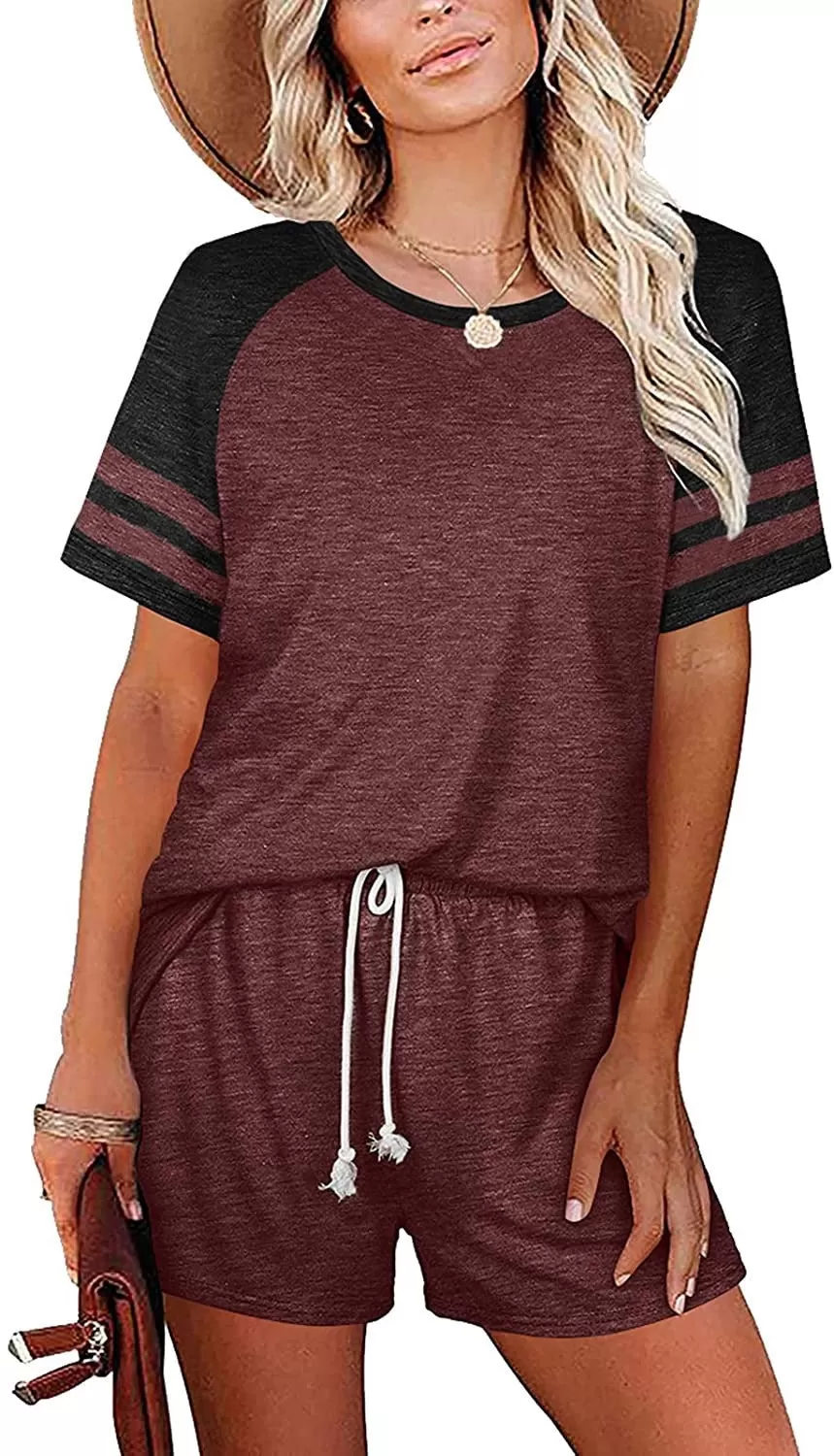 Haute Edition Raglan Contrast Striped Pajama Lounge Short Two Piece Set 